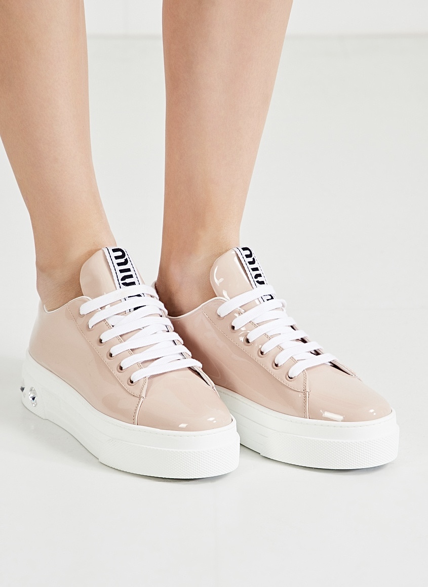 MIU MIU Crystal Embellished Patent Leather Sneakers - sneakersy, trampki