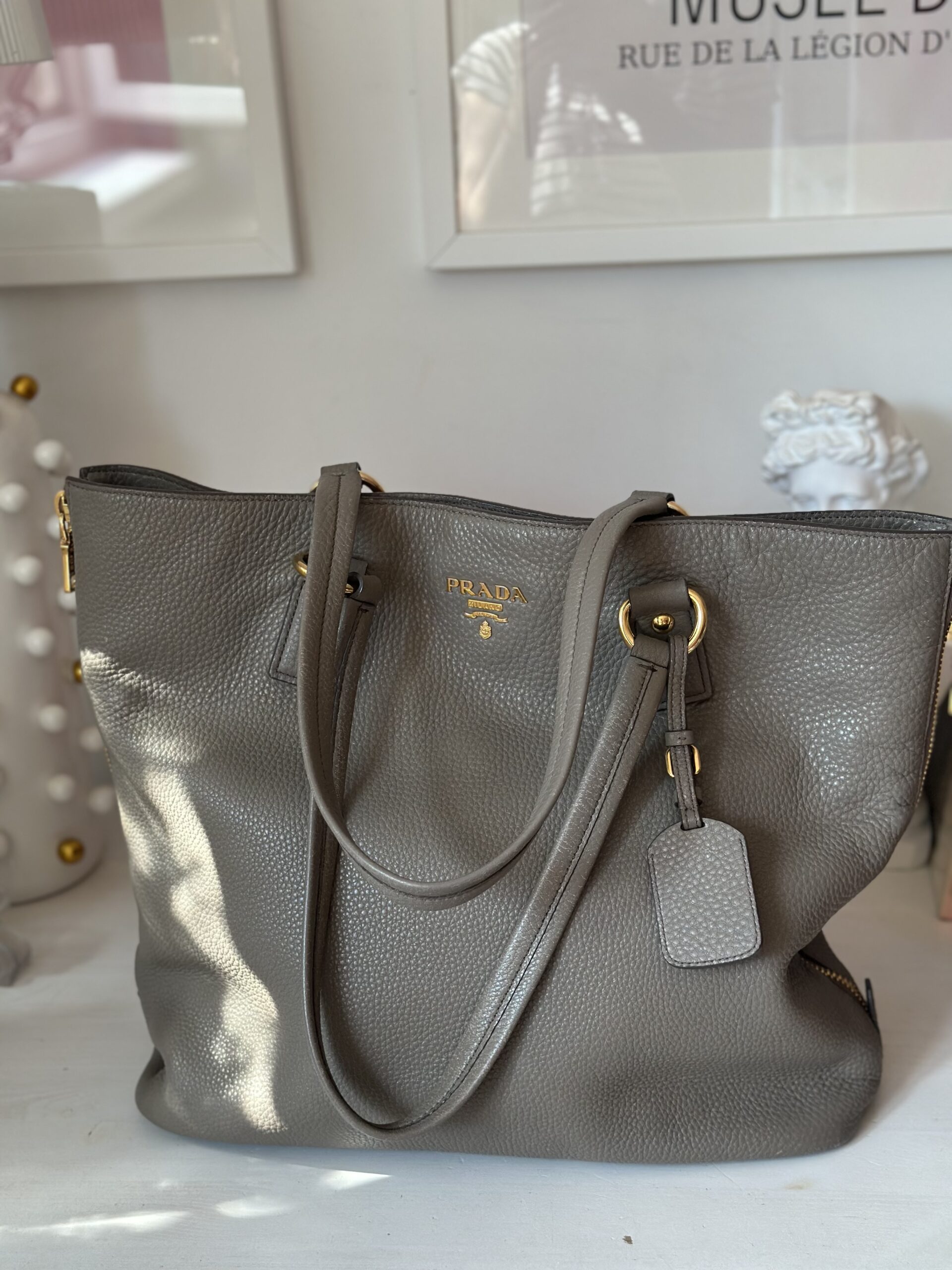 Prada duża beżowo szara skórzana torebka