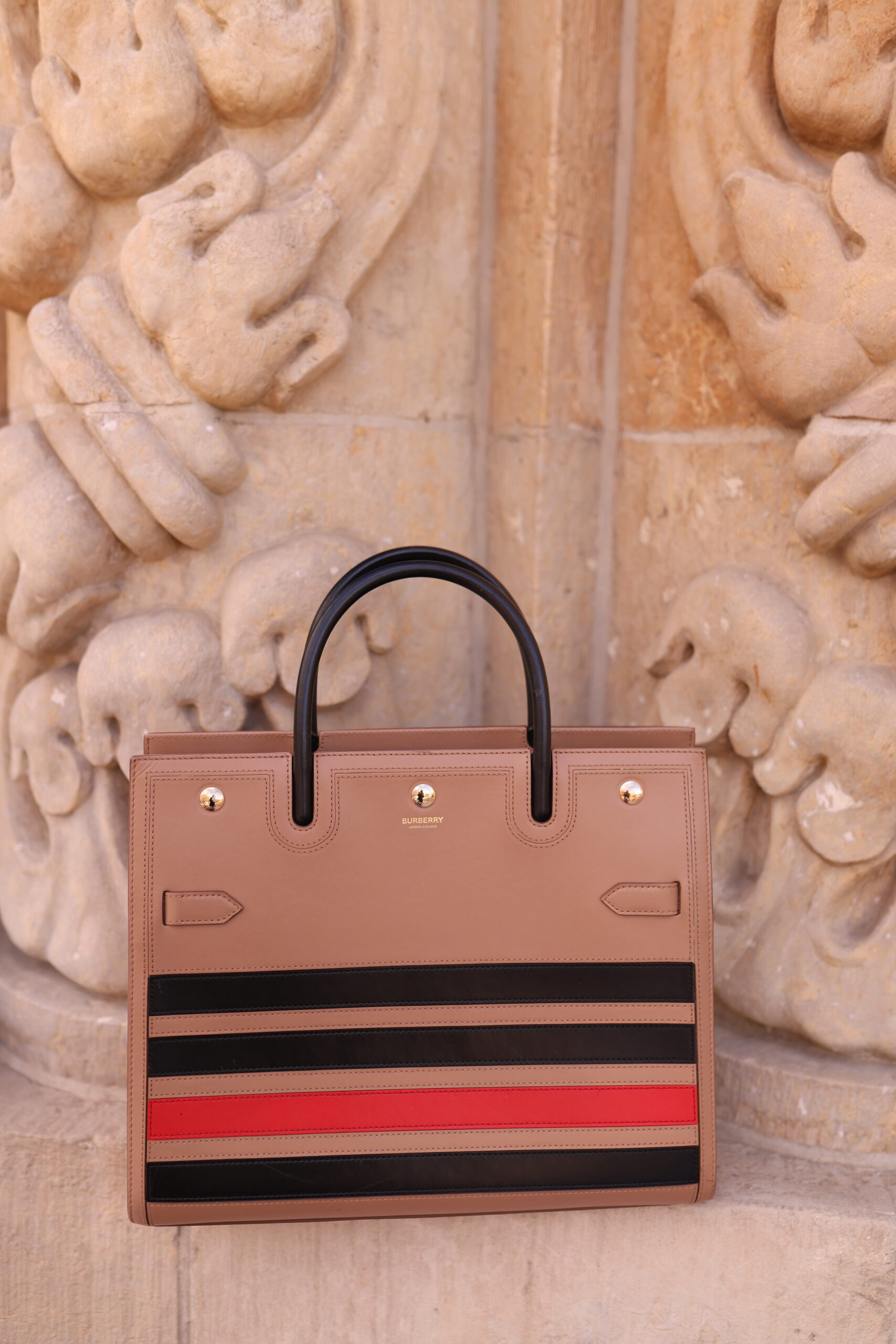 Burberry Title Medium Striped tote camel torebka
