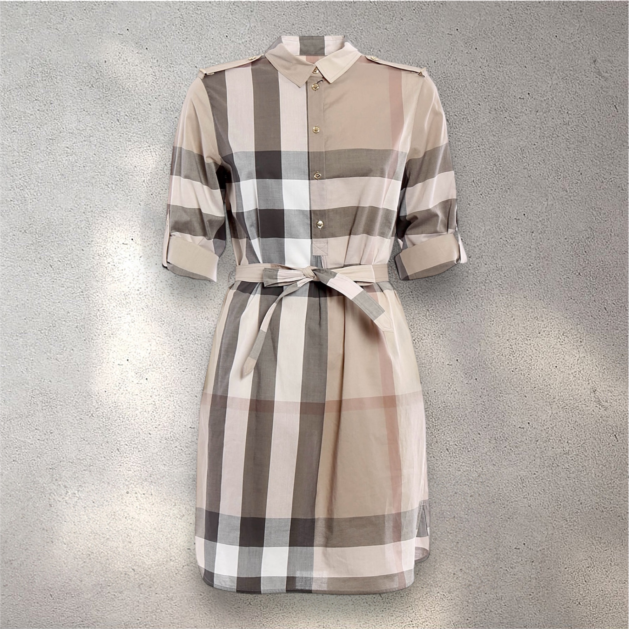 BURBERRY Women’s Kelsy Check Print Cotton Belted Shirt Dress in Pale Stone - sukienka