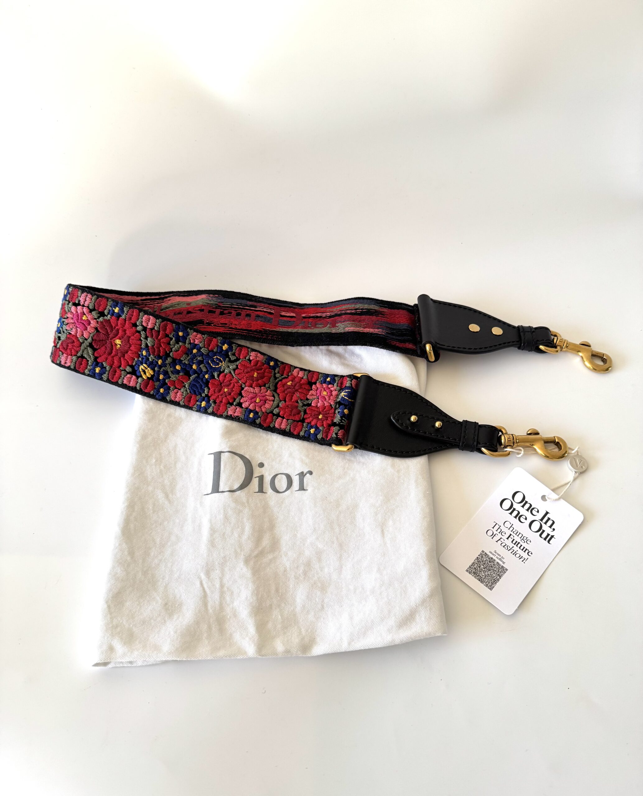 DIOR Canvas & Leather Embroidered Floral Shoulder Strap - pasek do torebki - obrazek 3