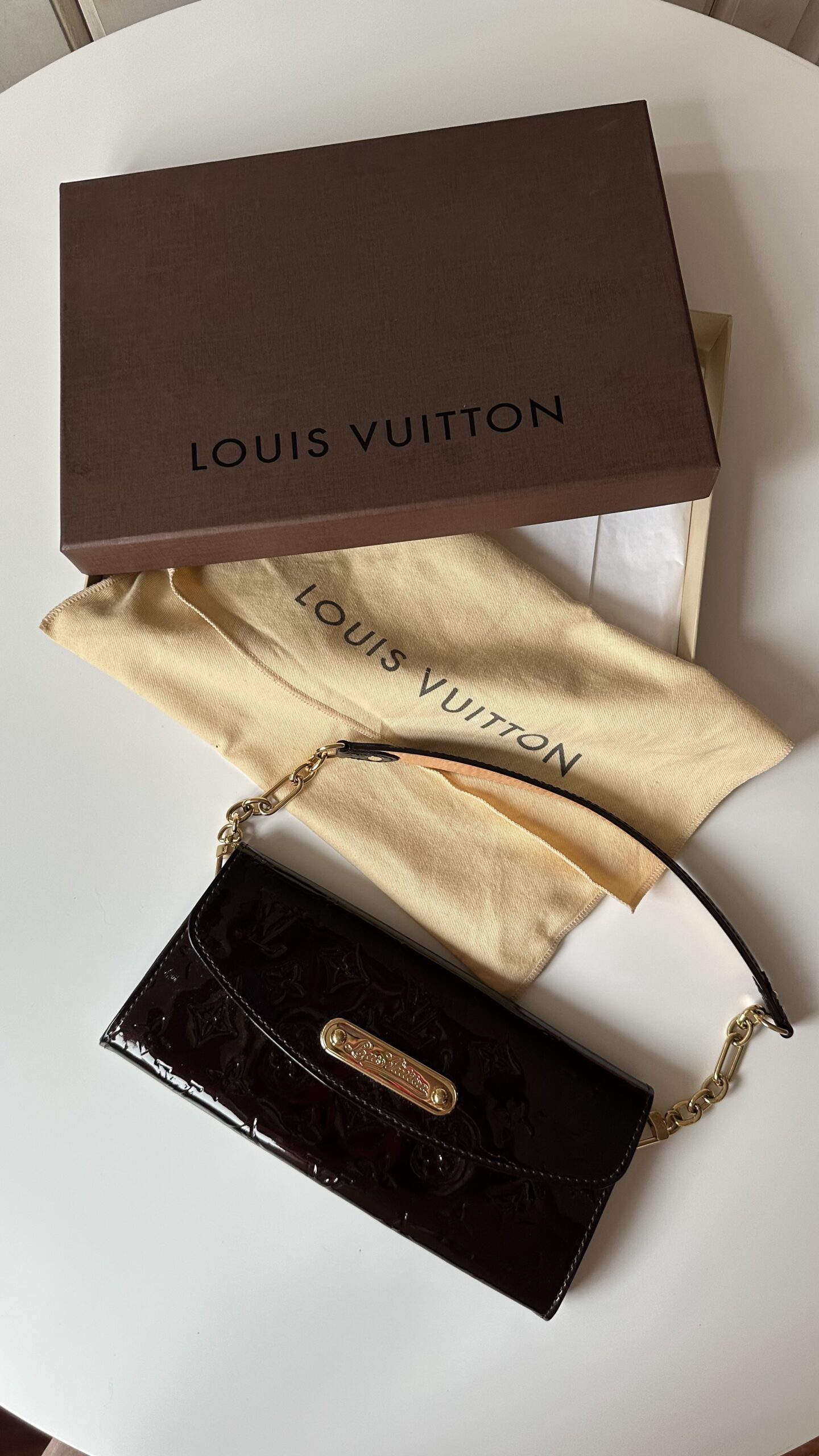 Louis Vuitton Sunset Boulevard vernis bordowa torebka
