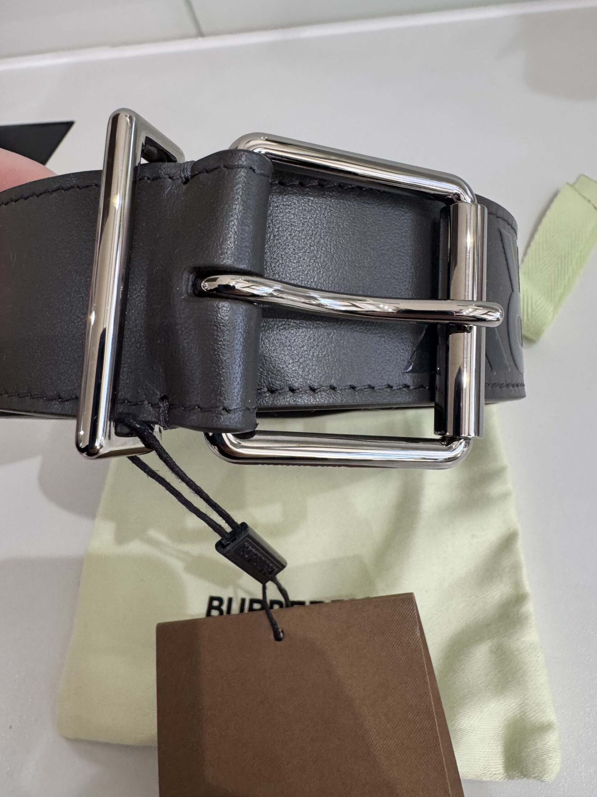 Burberry szary 95cm/38 męski i pasek logowany skórzany nowy z metkami, woreczkiem firmowym idealny na prezent - obrazek 5
