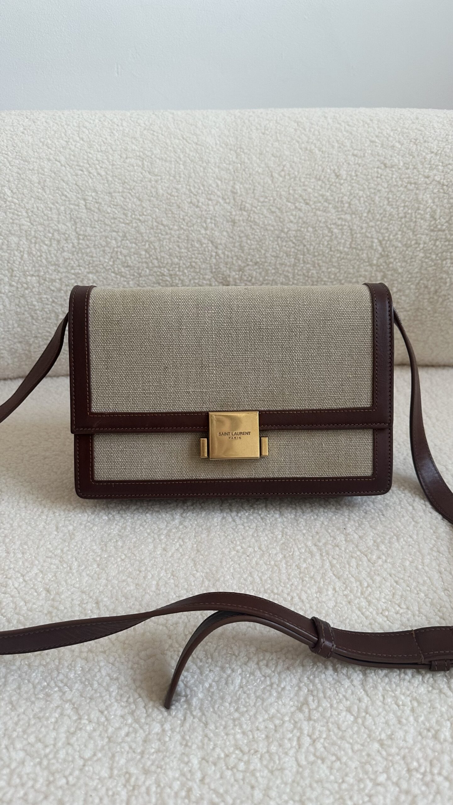 Saint Laurent beżowa lniana torebka