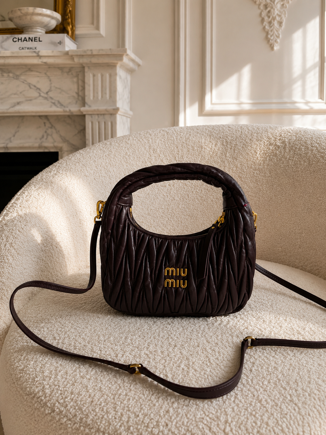 Miu Miu Wander matelassé suede bag torebka Burgund